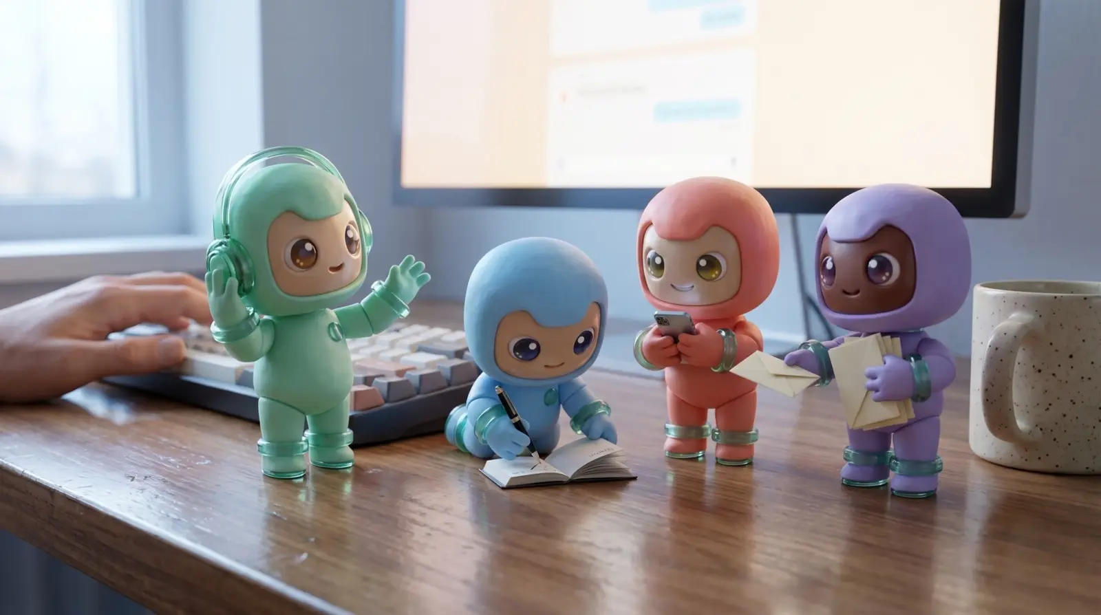 Nova, Baz, Dash and Remy — the four Receptia agents at work on a real desk